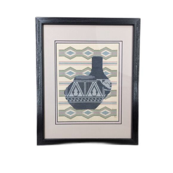 Vintage 90s Handmade Native American Indian Needlepoint Artwork Southwest Modern - Picture 1 of 7